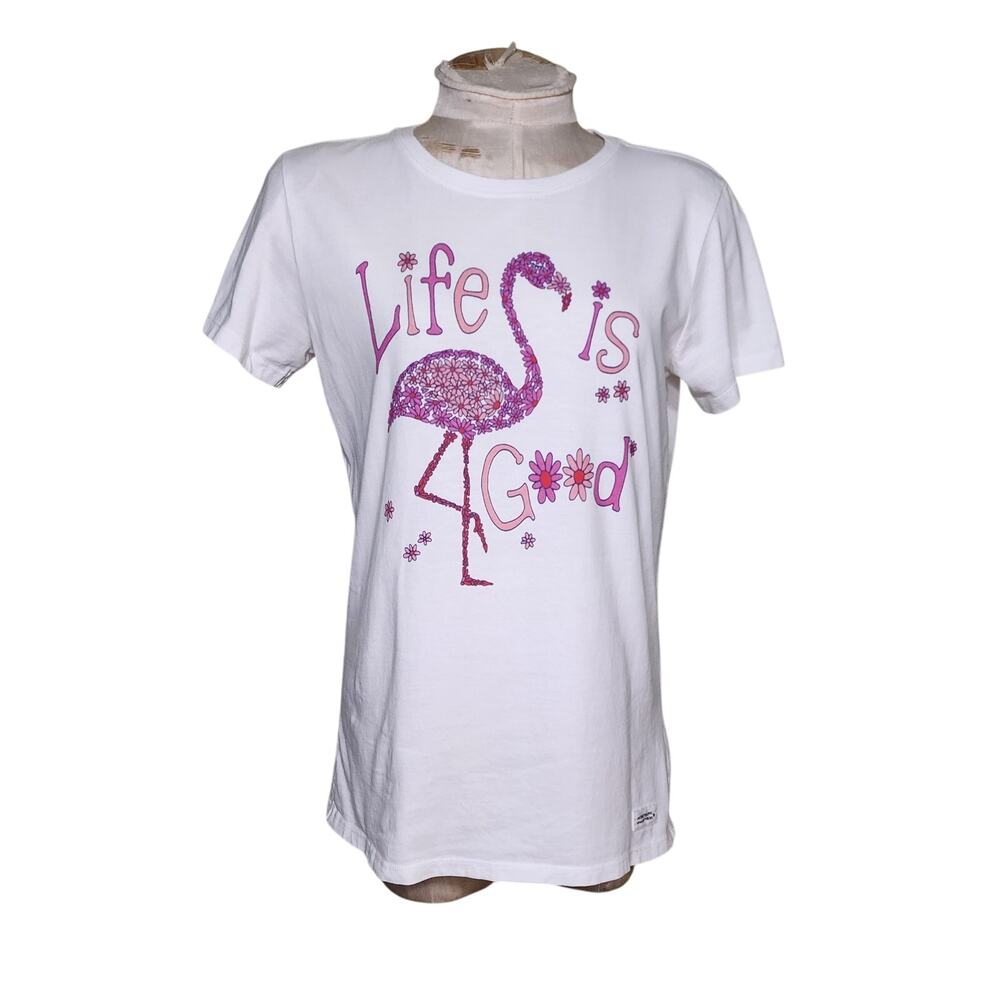 Life Is Good White Short Sleeve Tee with Pink Glitter Flamingo